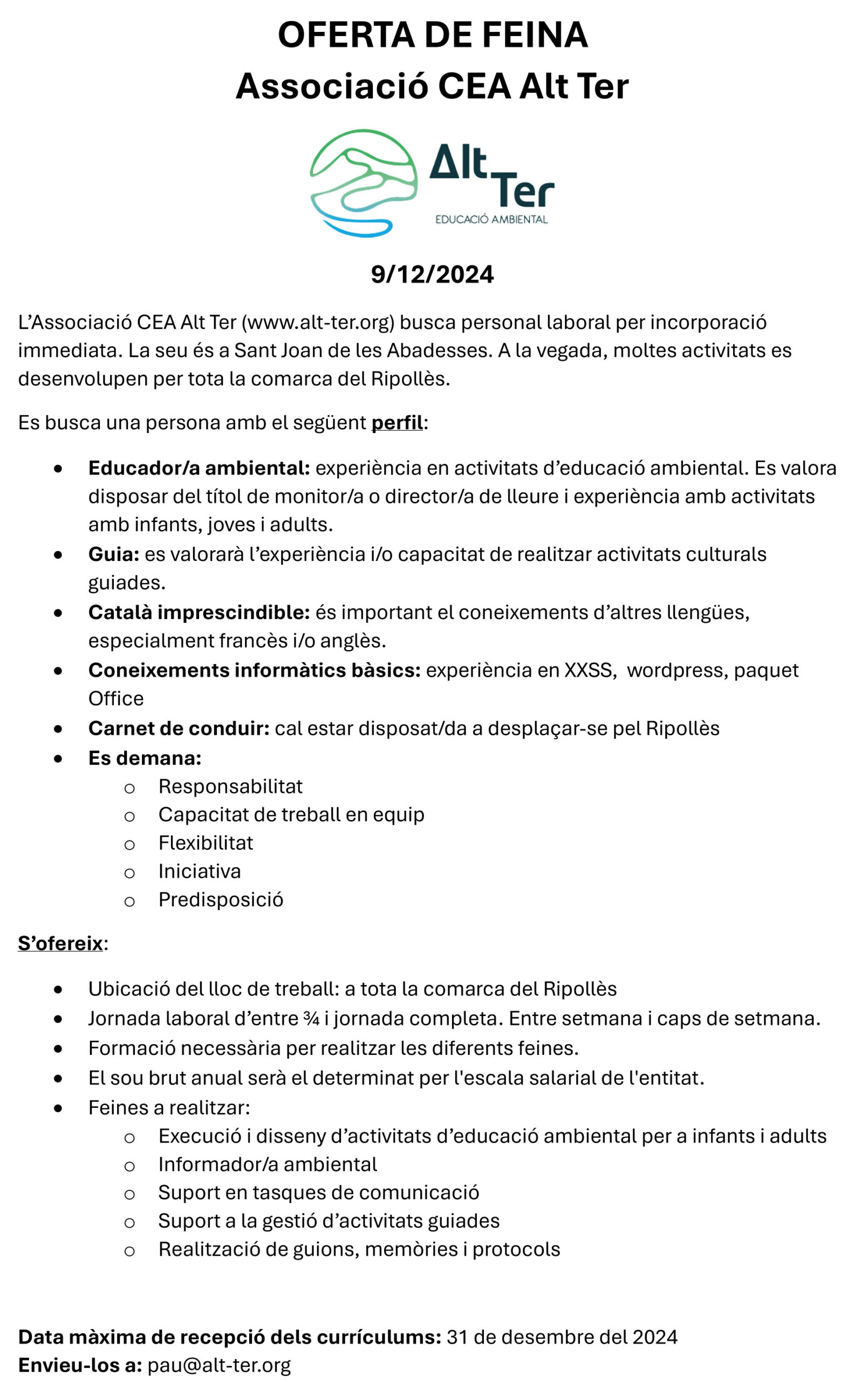 OFERTA DE FEINA - desembre 2025